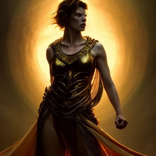 Image similar to milla jovovich as majestic gracious regal goddess persephone portrait, ancient greece, elysium, atmospheric lighting, painted, intricate, volumetric lighting, beautiful, rich deep colours masterpiece, golden hour, sharp focus, ultra detailed, by leesha hannigan, ross tran, thierry doizon, kai carpenter, ignacio fernandez rios