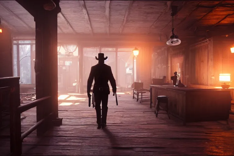 Image similar to a cinematic wide angle photograph of arthur walking into a saloon in red dead redemption 2, beautiful lighting, high depth, ultra realistic, artistic, by michal karcz and john harris