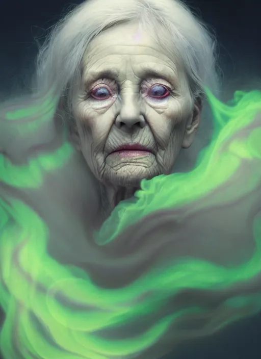 Image similar to an ethereal, misty portrait of an old woman whose face is accented with neon - toned glowing eyeliner. the makeup floats off her face and joins swirling clouds of smoke and fog, becoming an aurora. muted tones. surreal portrait, cinematic lighting, 8 k, smooth, sharp focus, digital painting, rendered in octane, painted by tom bagshaw, artgerm