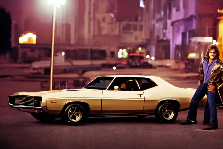 Prompt: 70s dressed Kurt Russel posing and in the background there two 70’s muscle cars parked on a deserted city street at night time, purple lighted street, wide angle, cinematic, retro-wave vibes, grainy, soft motion blur