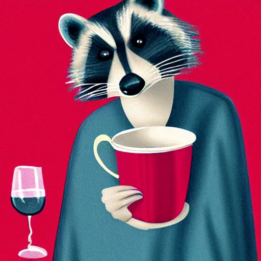 Prompt: a photorealistic racoon wearing an elegant night gown holding a cup of wine