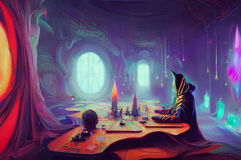 Image similar to a highly detailed beautiful masterpiece painting of a technomancer wizard in robes with pointed hood discussing sentience with his synthesized AI djinn in his laboratory near a computer by Remedios Varo and Anato Finnstark and Greg Rutkowski, dayglo pink, dayglo blue, dazzle camouflage, 8k, trending on ArtStation, rendered in Octane, volumetric lighting