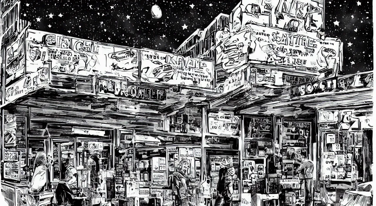 Prompt: convenience store roadside south west night stars sky moon beautiful artstation 4 k breathtaking graphic novel concept art illustration cartoon by jack kirby