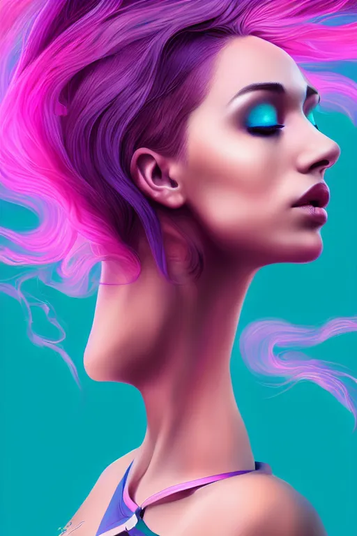 Image similar to a award winning half body porttrait of a beautiful woman in a croptop with ombre purple pink teal hairstyle with head in motion and hair flying, outrun, vaporware, shaded flat illustration, digital art, trending on artstation, highly detailed, fine detail, intricate