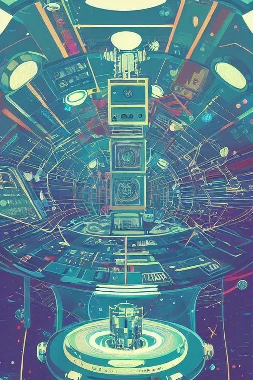 Image similar to the interior of an international space station filled with electronic equipment, ancient futuristic japanese temple, poster art by victo ngai, ori toor, kilian eng behance contest winner, crystal cubism, poster art, cubism, tarot card, psychedelic art, concert poster, poster art, maximalist