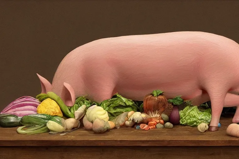 Image similar to a fake pig laying on top of vegetables on a table, a bronze sculpture by jeff a. menges, trending on pinterest, hyperrealism, hyper - realistic, hyper realism, playstation 5 screenshot