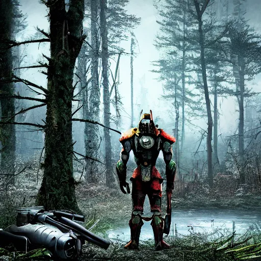 Image similar to Frank Horrigan stands against the background of a radioactive forest, graphics, fallout 4 render, 3d computer render, maximum details, rain, night, spotlight,