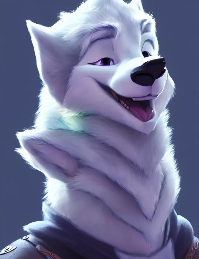 Image similar to portrait of cute male anthropomorphic white wolf in the style of zootopia in cyberpunk city, volumetric light, artstation, concept art, 8 k, high detail, perfect