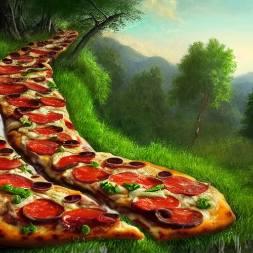 Image similar to highly detailed, high resolution, hyper realistic, 8 k, trending on artstation, landscape nature painting, trees made out of pizza, ground is made of cheese and pepperoni, waterfall made of marinara sauce