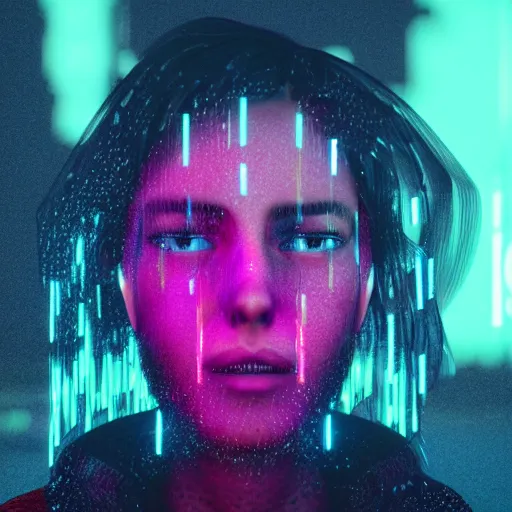 Image similar to a human portrait made out of rain, neon, beautiful, rendered in octane, unreal engine