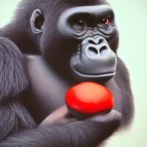 Prompt: a wholesome animation key shot of a gorilla holding a very small red mushroom, chilled out smirk on face, red headphones on head, studio ghibli, pixar and disney animation, sharp, rendered in unreal engine 5, anime key art by greg rutkowski, bloom, dramatic lighting