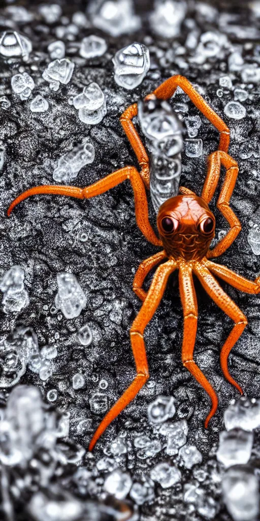 Prompt: professional photo shot of an alien spider octopus made of silica crystal spikes, melted with rocks in the background, microscopic picture, droplets of water, grimy, gritty, trending on artstation, award winning, close shot, by aleks labuda and barry webb