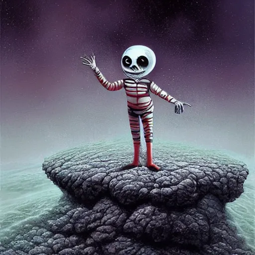 Prompt: michal karcz surrealism Pastel painting of the end of an astronaut happy in the galaxy. , in the style of jack skellington, in the style of a clown, loony toons style, horror theme, detailed, elegant, intricate, 4k, Renaissance painting