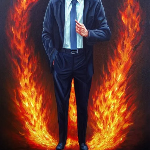 Image similar to a hyper realistic painting of a calm young man in a burning business suit, his clothes is burning, full body painting, coherent symmetrical eyes, by jeffrey smith, by andrea kowch, by steve henderson, masterpiece, trending on artstation,