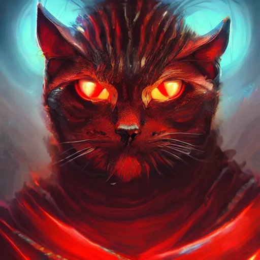 Image similar to portrait of an evil cat man as a paladin in full shining armor with huge beautiful red glowing eyes, oil painting, digital painting, intricate detail, vivid color, neon color, artwork by ross tran