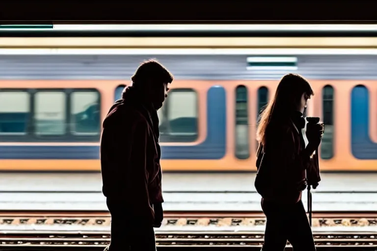 Prompt: vfx movie closeup couple in a train station flat color profile low - key lighting award winning photography cinematography atmospheric cool color - grade