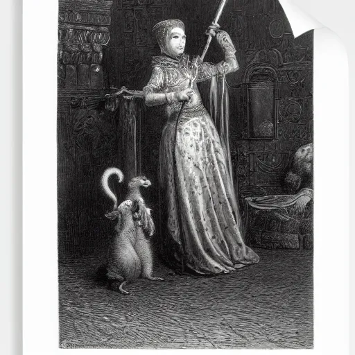 Image similar to a weasel princess and a ferret knight, by gustave dore