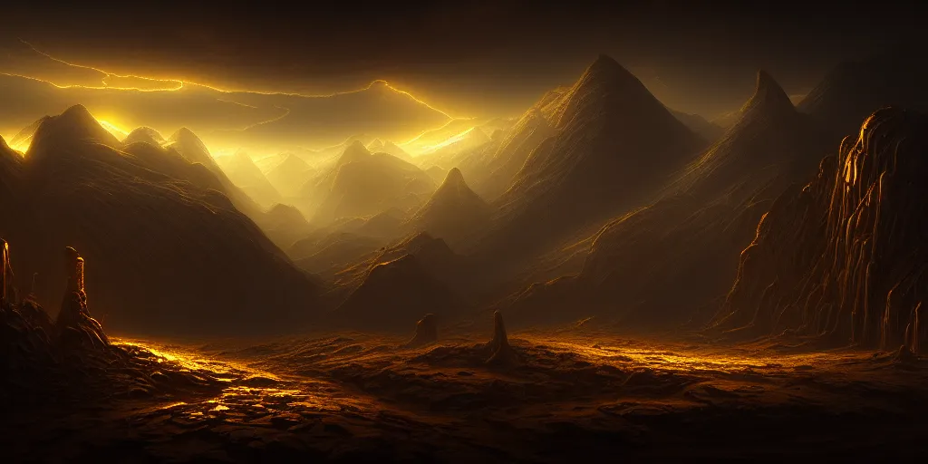 Image similar to epic cinematic background for a movie about ancient gold, dynamic light, mountains of metallic gold coins, cinematic, cinematic light ,detailed, dark, ancient, moody, dramatic atmosphere, artstation, beautiful, intricate details, interesting shot, digital painting,