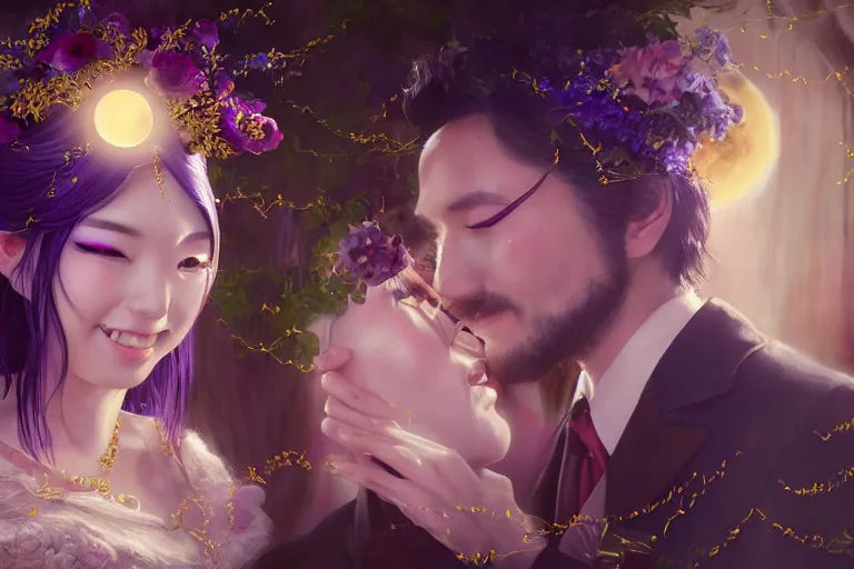 Image similar to a cinematic portrait of wedding photograph jpeg close up moment of a divine a japan sun god and moon goddess lovers magician at a wedding banquet. portraiture. digital painting. artstation. concept art. fantasy wedding photo. digital painting, 8 k realistic, hyper detailed, violet evergarden art masterpiece by art by krenz cushart