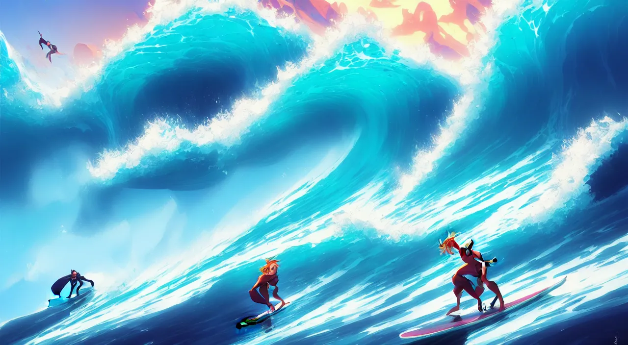 Image similar to large beautiful surfing waves, in marble incrusted of legends official fanart behance hd by jesper ejsing, by rhads, makoto shinkai and lois van baarle, ilya kuvshinov, rossdraws global illumination