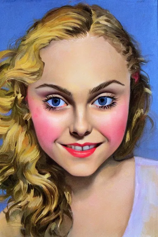 Image similar to Annasophia Robb cute surprised, shocked, eyes closed, bliss, highly detailed, painted by John Singer Sargant, Frank Frazetta