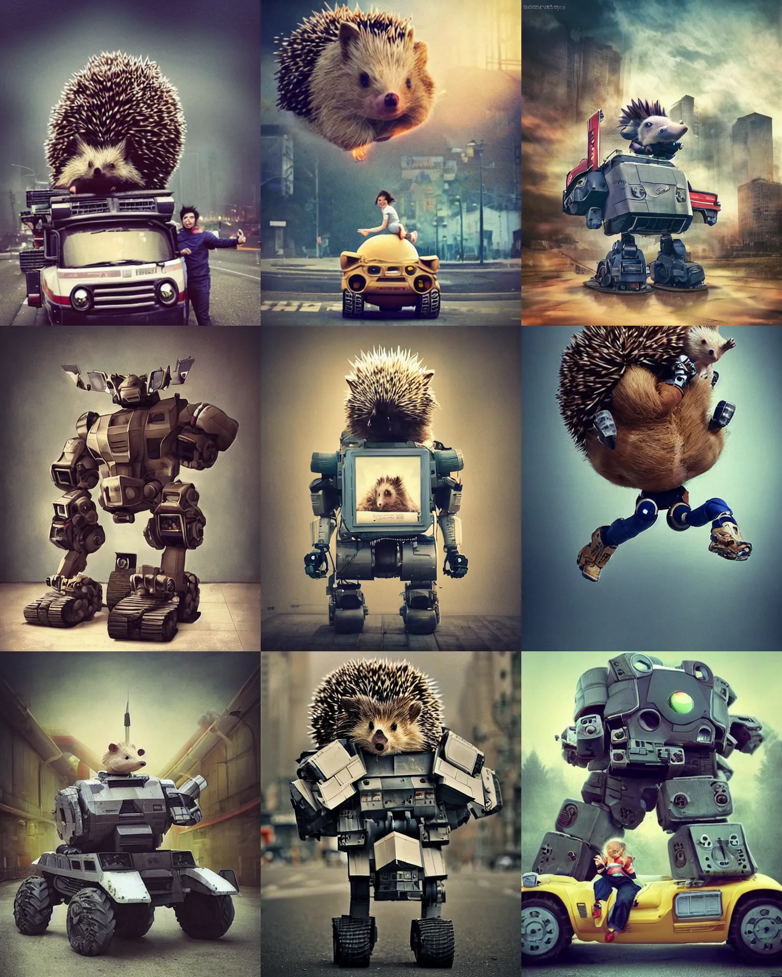 Prompt: epic pose!!! giant oversized battle hedgehog robot wacky chubby war mech winnning sport cute vehicle! double decker with giant oversized hair and hedgehog babies ,in stud , full body , Cinematic focus, Polaroid photo, vintage , neutral dull colors, soft lights, foggy mist ,sunrise, by oleg oprisco , by thomas peschak, by discovery channel, by victor enrich , by gregory crewdson