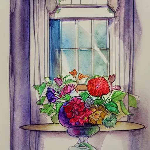 Image similar to a fancy vase with a colorful and beautiful flower arrangement by the fancy window. very stylize and delicate watercolor and pencil drawing. beautiful lighting, 4 k post - processing, trending in art station, cg society, highly detailed, 5 k extremely detailed