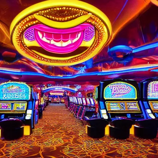 Image similar to Inside the giant fish’s teethy mouth was an opulent vegas casino of slot machines!