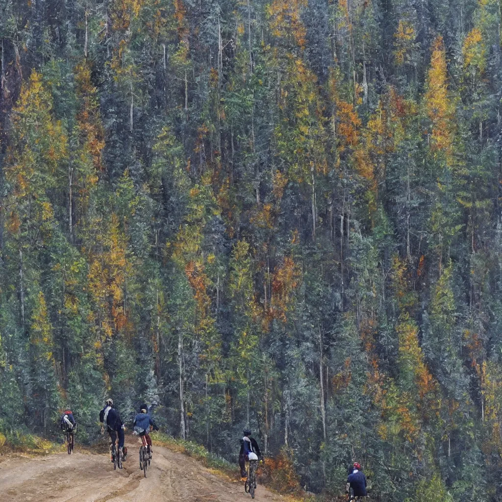 Prompt: Two men biking up a steep forest hill. One with a deep dark blue sweater and the other with a wine red sweater. sweaty. Oil painting. Emotional. Trending on artstation. Steep. Nordic Trees. Rustic. Artistic.