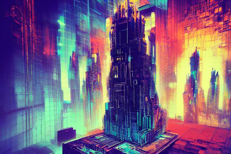 Image similar to cyberpunk tower, multilayer glitch effect in spatial perceptron synapses, matte painting, 4 k, epic composition, volumetric light, abstract illusionism, by robert rauschenberg, konstantinas ciurlionis, jean - michel basquiat, pour paint, modern street art, grunge wall, industrial