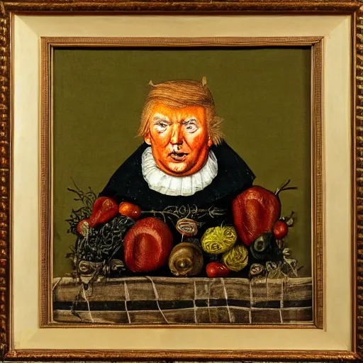 Prompt: very aged medieval painting of donald trump made of vegetables, by giuseppe arcimboldo