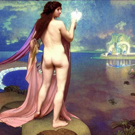 Image similar to Demon Girl at the palace, refracted sparkles, thunderstorm, greek pool, beach and Tropical vegetation on the background major arcana sky, by paul delaroche, alphonse mucha and arnold böcklin, hyperrealistic 8k, award-winning, very very very detailed