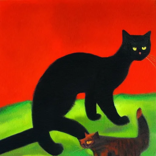 Image similar to Black cat plays with a red cat in a clearing, oil painting