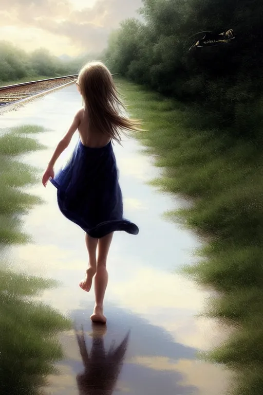 Prompt: a barefoot girl carries her shoes on reflective water and faint train tracks, large white clouds on a wide horizon, intricate, elegant, highly detailed, digital photo, artstation, concept art, smooth, sharp focus, low angle photo, art by artgerm and greg rutkowski and fra angelico