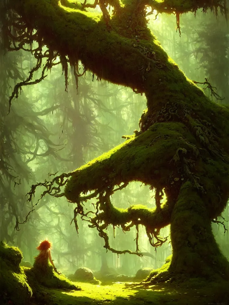 Image similar to great fat tree with a moss in the woods by bayard wu, anna podedworna, gaston bussiere, greg rutkowski