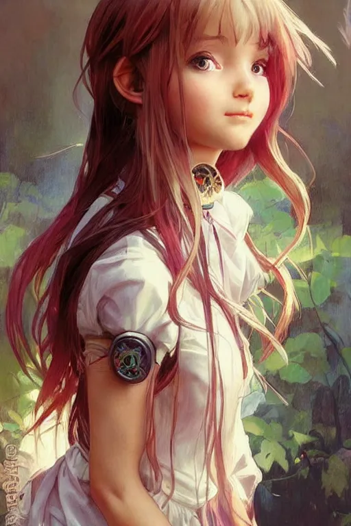 Image similar to a little gamergirl with a mischievous face and short!! light colorful straight hair. she is dressed as gamergirl in her room, painting, beautiful detailed face. by artgerm and greg rutkowski and alphonse mucha