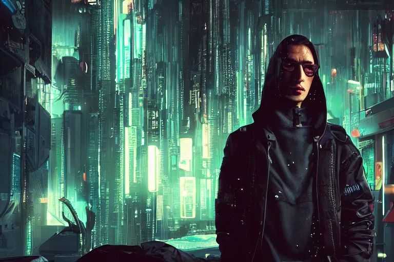 Prompt: cyberpunk hacker portrait in high tech compound by Emmanuel Lubezki