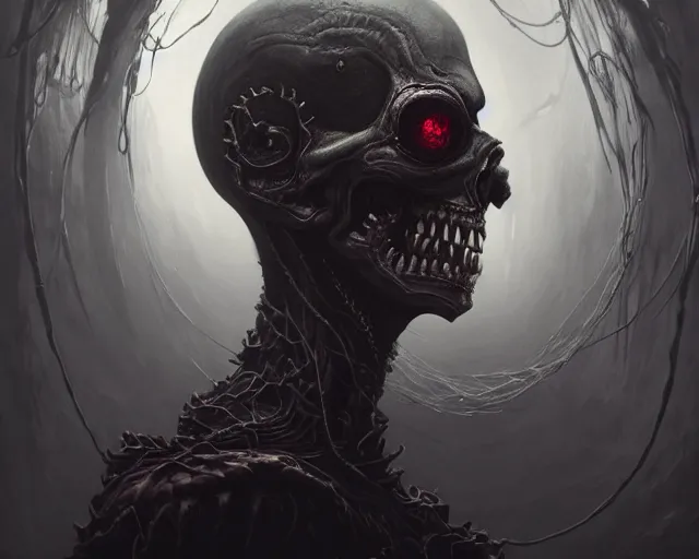 Image similar to a 4 k cinematic screenshot still portrait of a ghoul in a dark liminal space room surrounded by spider webs, deep focus, d & d, fantasy, intricate, elegant, highly detailed, digital painting, art station, concept art, matte, sharp focus, illustration, dark fantasy style art, hearthstone, art by artgerm and greg rutkowski and alphonse mucha