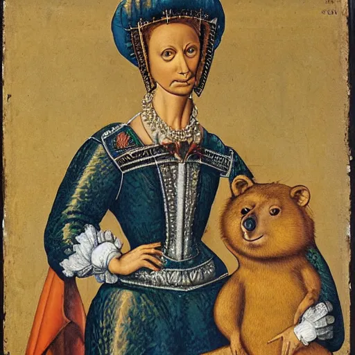 Image similar to portrait of an anthropomorphic quokka dressed as an italian queen, sandro bottecelli, 1 5 0 0