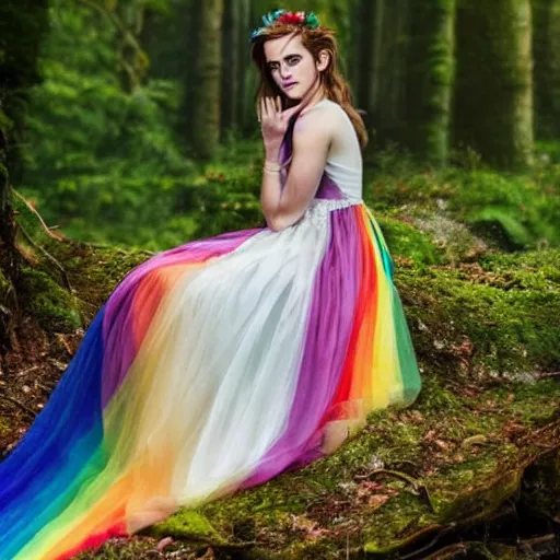 Image similar to photo of emma watson as an elf wearing a long rainbow wedding gown sitting in a colorful forest