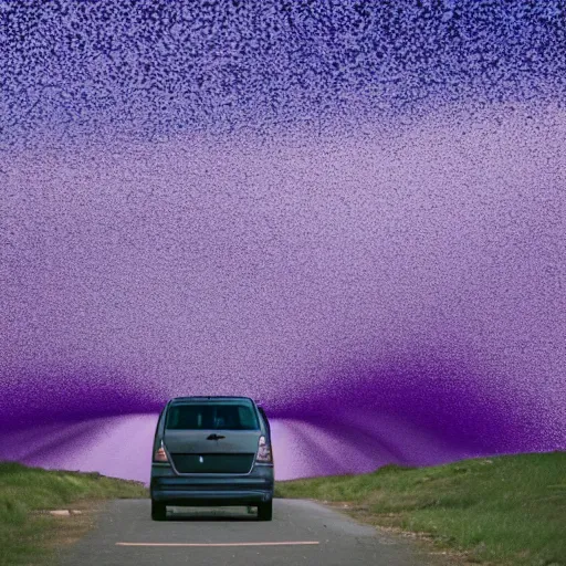 Image similar to giant purple explosion blowing white minivan into the distance