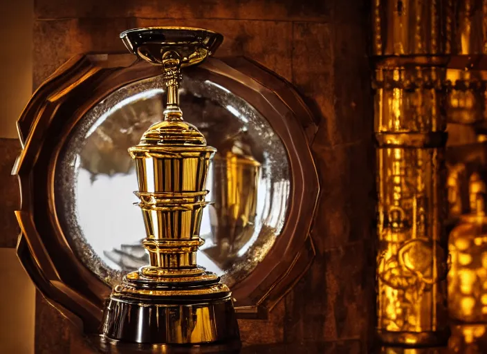 Prompt: a reflective symmetrical polyhedral steel engineering trophy at a high end bar in a medieval themed castle in golden afternoon light, professional food photography