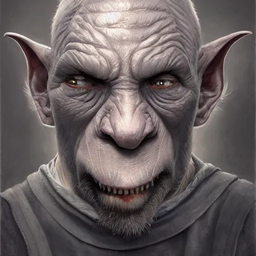 Image similar to Beautiful hyperrealistic detailed matte portrait painting of a grey goblin with head shaped like football and a triangular pignose, by andreas rocha and john howe, and Martin Johnson Heade, featured on artstation, featured on behance, golden ratio, f32, well composed, cohesive