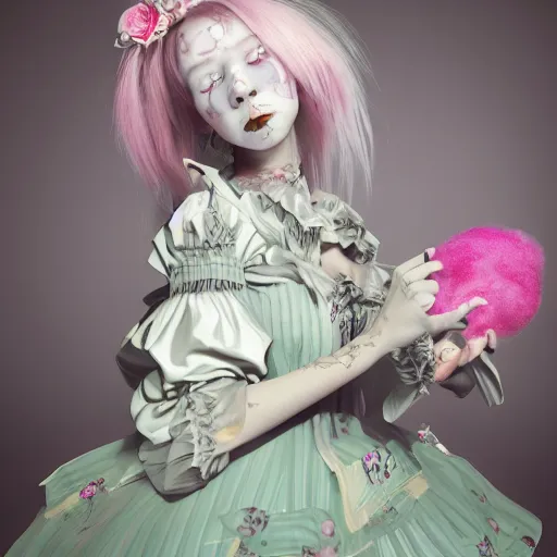 Image similar to 8 k, octane render, realism, tonalism, renaissance, rococo, baroque, cotton candy, portrait of a creepy young lady wearing long - harajuku manga - dress with flowers! and skulls