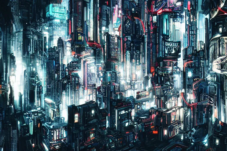 Prompt: abstract depiction of a complex city where the connections are seen as streaks of intense light, ultradetailed, polished, cyberpunk style