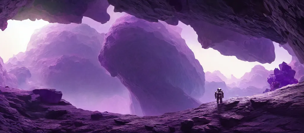 Image similar to one astronaut on purple [ [ [ crystal ] ] ] caves, amethyst, beautiful dynamic lighting, cinematic, wide angle establishing shot, extremely high detail, photo realistic, cinematic lighting, artstation, matte painting, style by frederic church, raphael lacoste, greg rutkowski, roger deakins