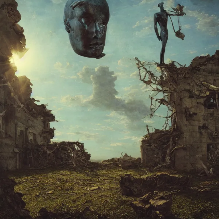 Image similar to hyperrealistic surrealism, David Friedrich, award winning masterpiece with incredible details, Zhang Kechun, a surreal vaporwave vaporwave vaporwave vaporwave vaporwave painting by Thomas Cole of a gigantic broken mannequin head sculpture in ruins, astronaut lost in liminal space, highly detailed, sunrays, trending on ArtStation