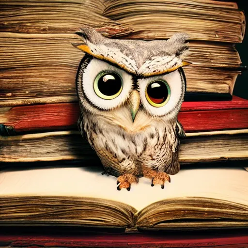 Image similar to long shot of a very cute plush and sleepy owl sitting on a pile of antique books, by naoto hatori, by yoshita amano, by esao andrews, fancy illustration hyperrealistic, big depth of field, fresh colors, moody evening light, 3 d octane render conceptart, 4 k, highly detailed, trending on artstation