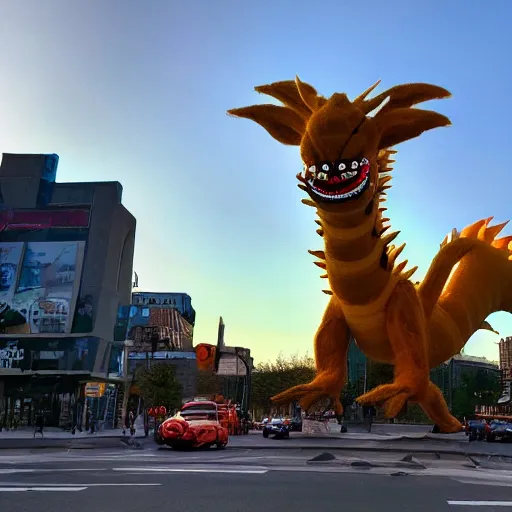 Image similar to photo of an enormous full sized needle - felted mecha king ghidorah crossing a busy street golden hour