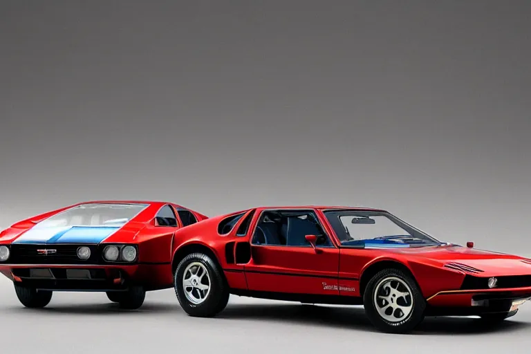 Image similar to designed by giorgetto giugiaro stylized poser of a single 1 9 6 9 fastback mustang ( mk 2 ford gt 4 0 ) 1 9 8 2 firebird transam delorean, large led lights, ektachrome photograph, volumetric lighting, f 8 aperture, cinematic eastman 5 3 8 4 film